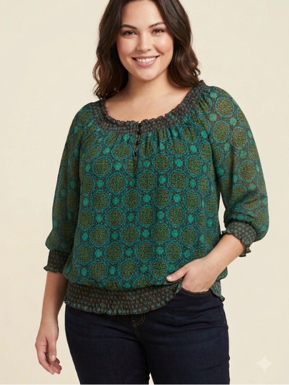 White stag extra large Boho/peasant, beautiful Green/teal/brown design